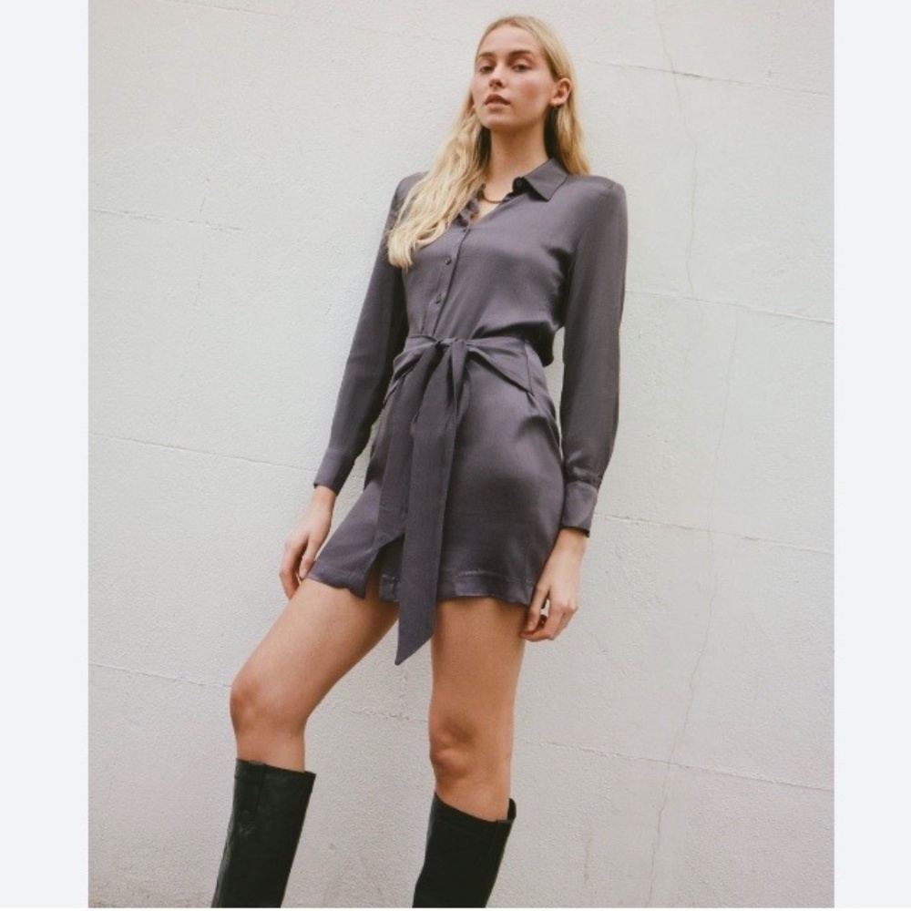 Zara Charcoal Button-Front Tie-Waist Mini Dress